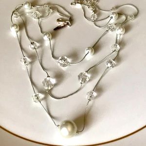 NY Necklace Multi 3 Strand Pearl Crystal Silver